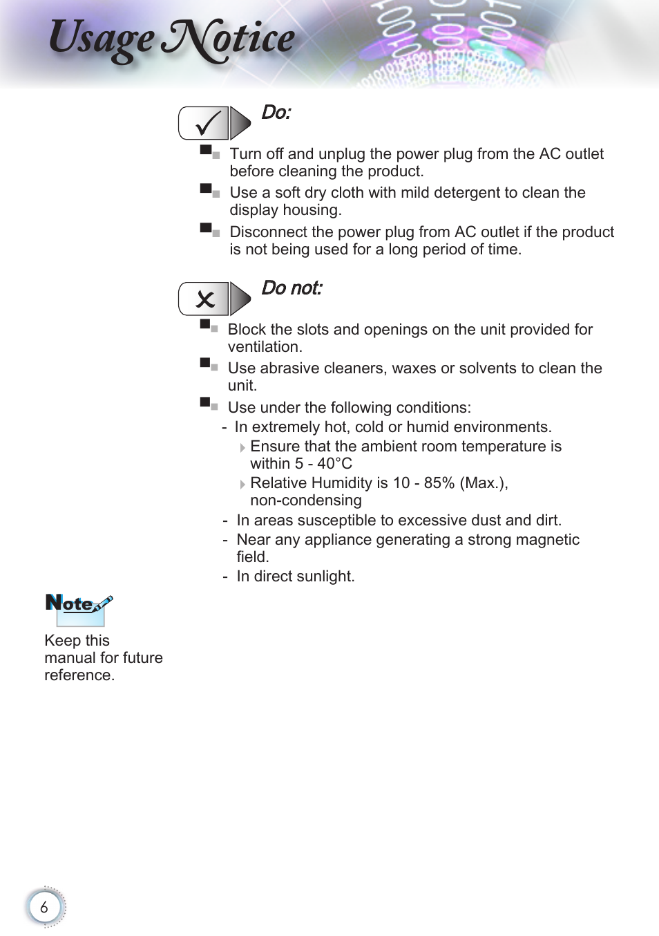 Usage notice, Do not | Optoma HD50 User Manual | Page 6 / 85