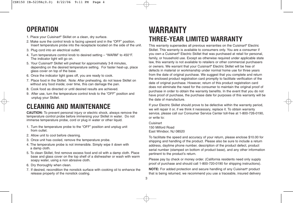 Warranty, Operation, Cleaning and maintenance | Three-year limited warranty | Cuisinart IB-5239A User Manual | Page 23 / 25