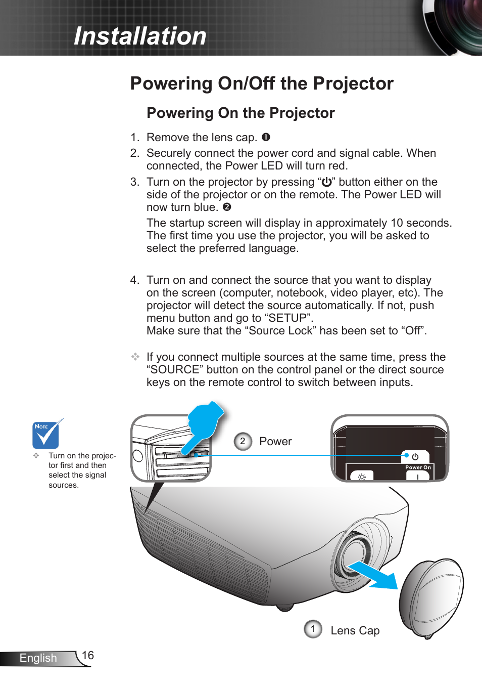 Powering on/off the projector, Powering on the projector, Installation | Optoma HD90 User Manual | Page 16 / 65