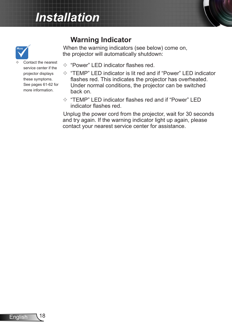 Warning indicator, Installation | Optoma HD90 User Manual | Page 18 / 65