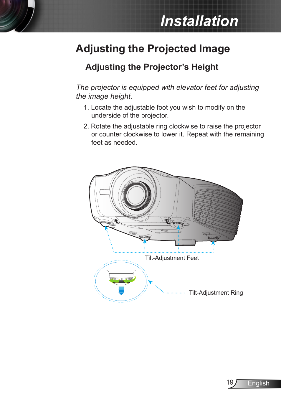 Adjusting the projected image, Adjusting the projector’s height, Installation | Optoma HD90 User Manual | Page 19 / 65