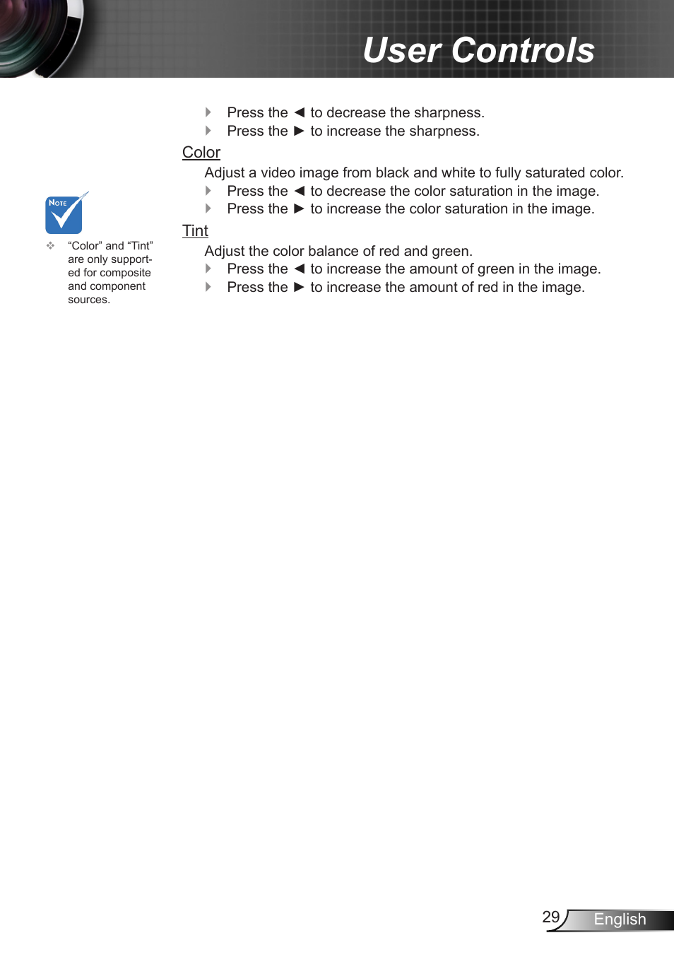 User controls | Optoma HD90 User Manual | Page 29 / 65