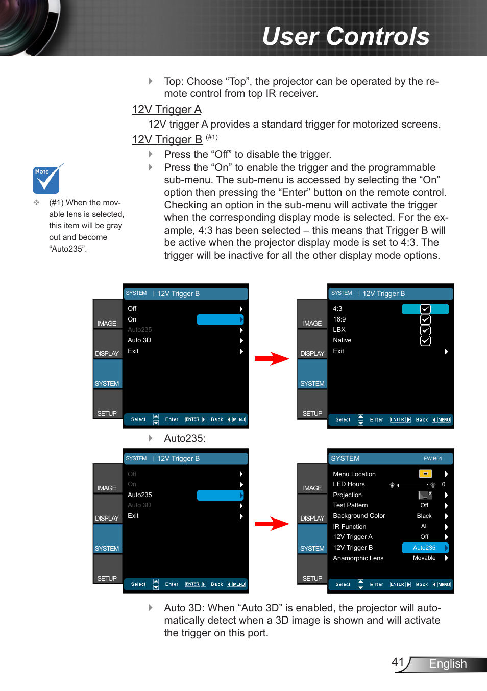 User controls, 41 english, 12v trigger a | 12v trigger b, Auto235 | Optoma HD90 User Manual | Page 41 / 65
