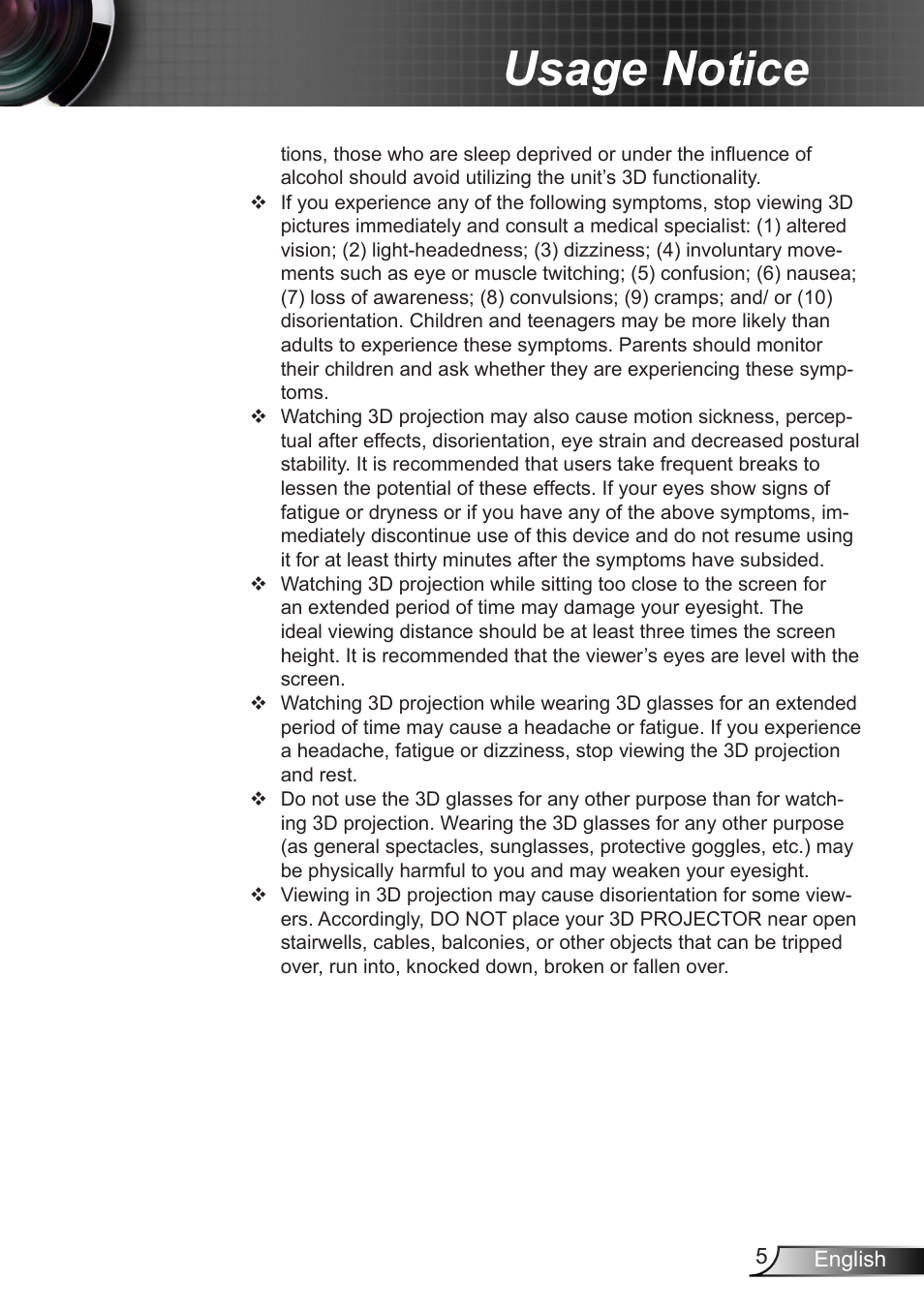 Usage notice | Optoma HD90 User Manual | Page 5 / 65