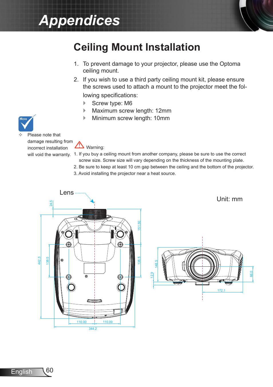 Ceiling mount installation, Appendices, 60 english | Lens unit: mm | Optoma HD90 User Manual | Page 60 / 65