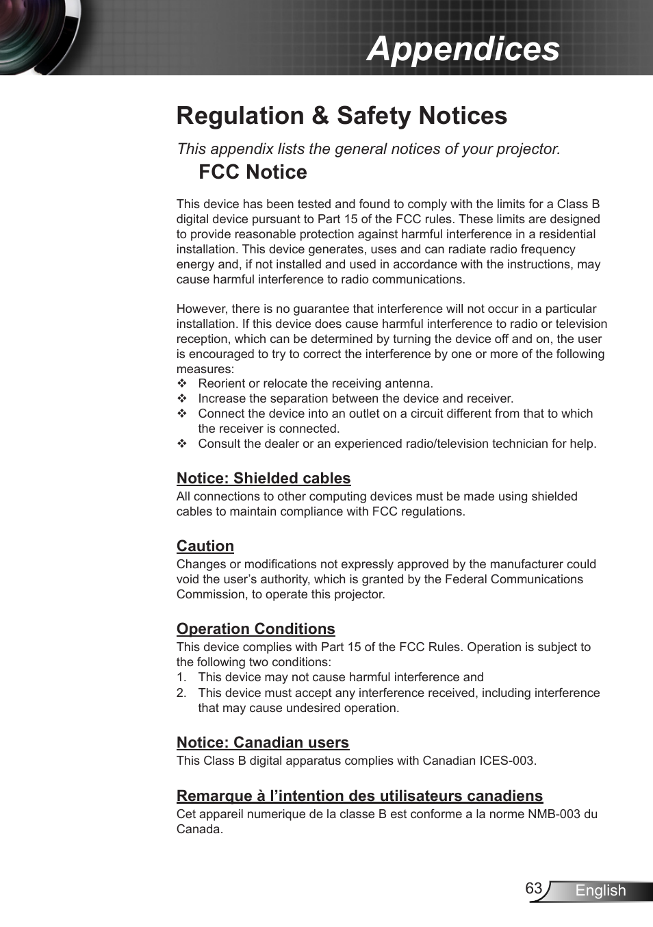 Regulation & safety notices, Fcc notice, Appendices | Optoma HD90 User Manual | Page 63 / 65