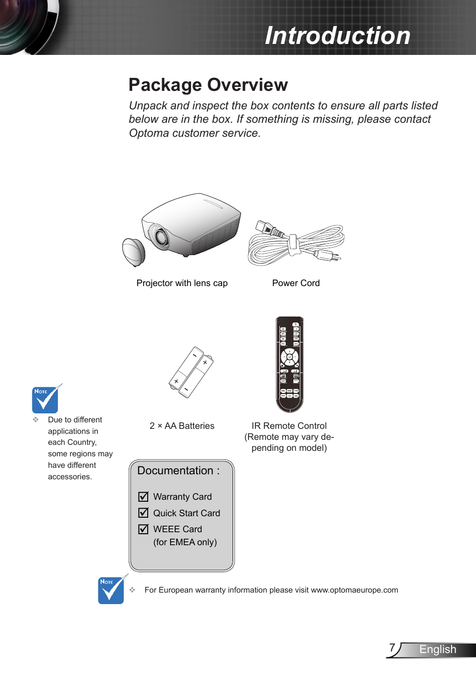 Introduction, Package overview, 7english | Documentation | Optoma HD90 User Manual | Page 7 / 65