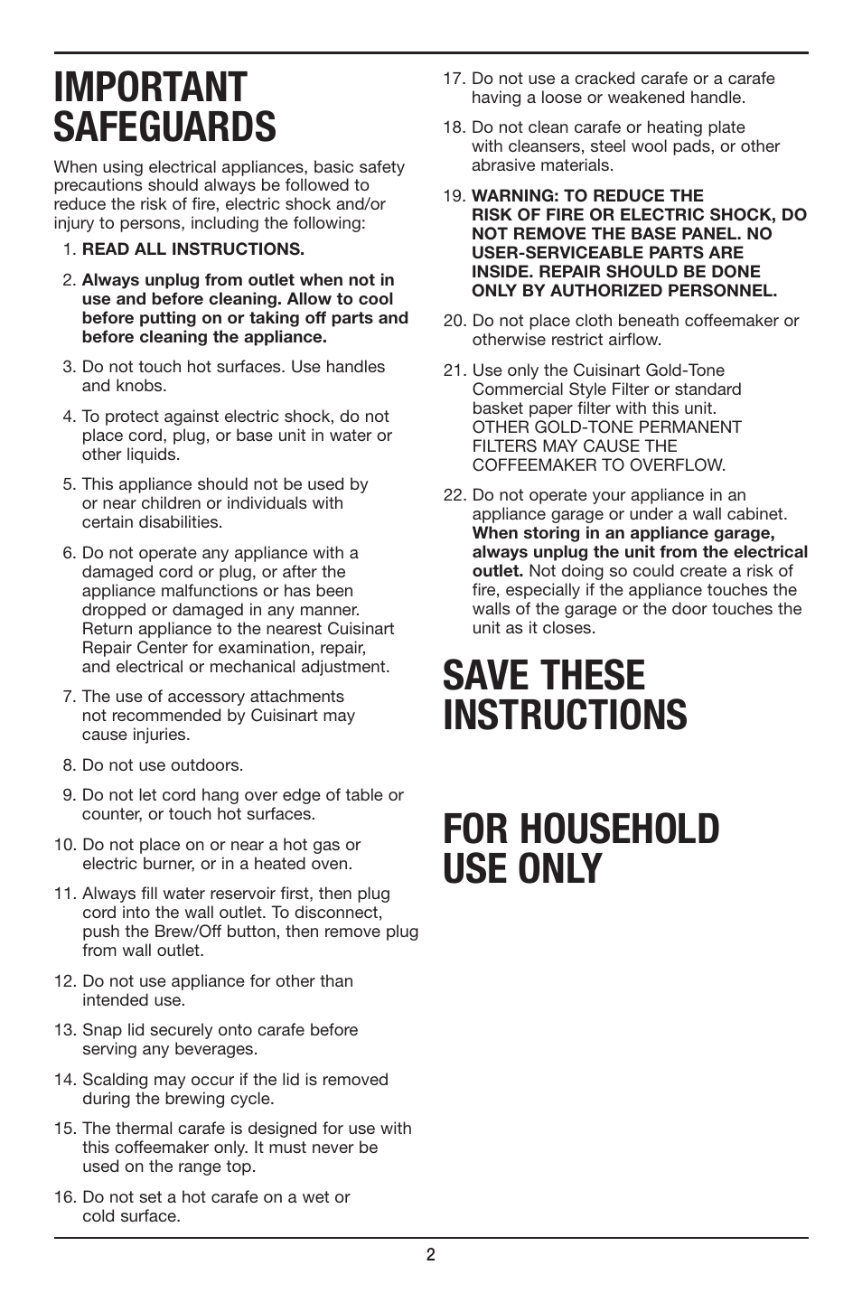 Important safeguards, Save these instructions for household use only | Cuisinart Perfec Tem 12-Cup Programmable Coffeemaker DCC-2900 User Manual | Page 2 / 12