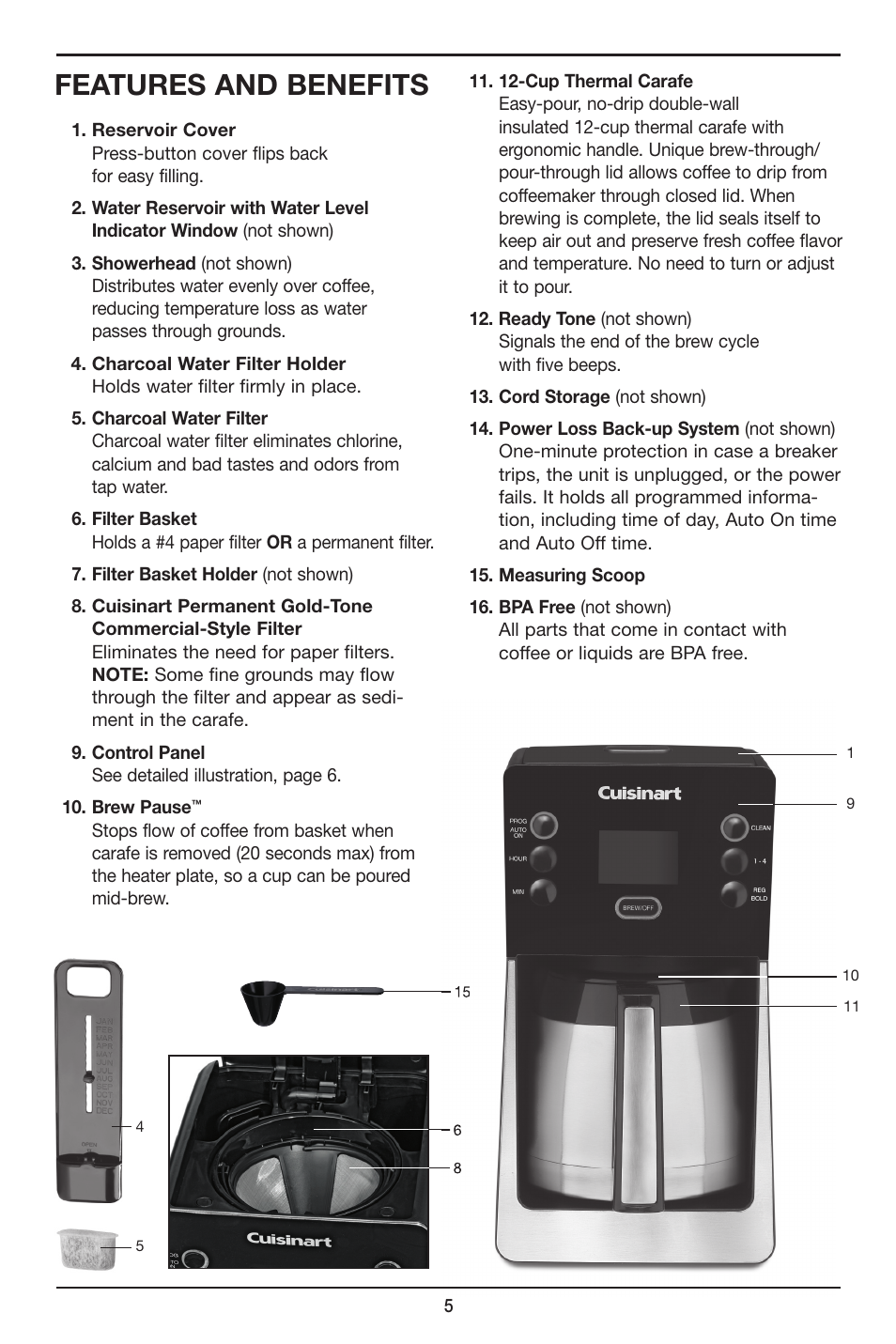 Features and benefits | Cuisinart Perfec Tem 12-Cup Programmable Coffeemaker DCC-2900 User Manual | Page 5 / 12