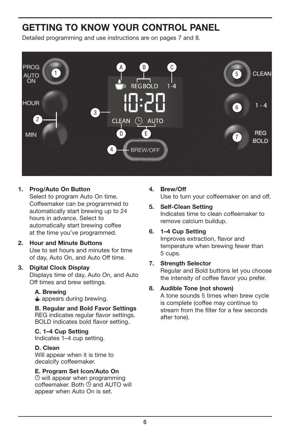 Getting to know your control panel | Cuisinart Perfec Tem 12-Cup Programmable Coffeemaker DCC-2900 User Manual | Page 6 / 12