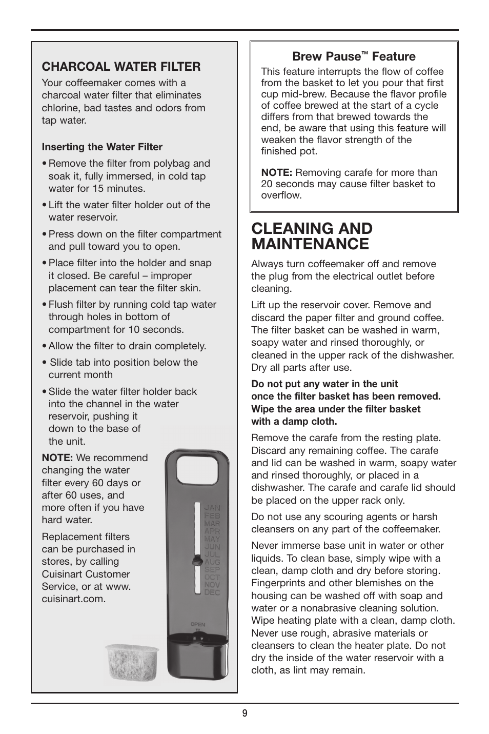 Cleaning and maintenance, Charcoal water filter, Brew pause | Feature | Cuisinart Perfec Tem 12-Cup Programmable Coffeemaker DCC-2900 User Manual | Page 9 / 12