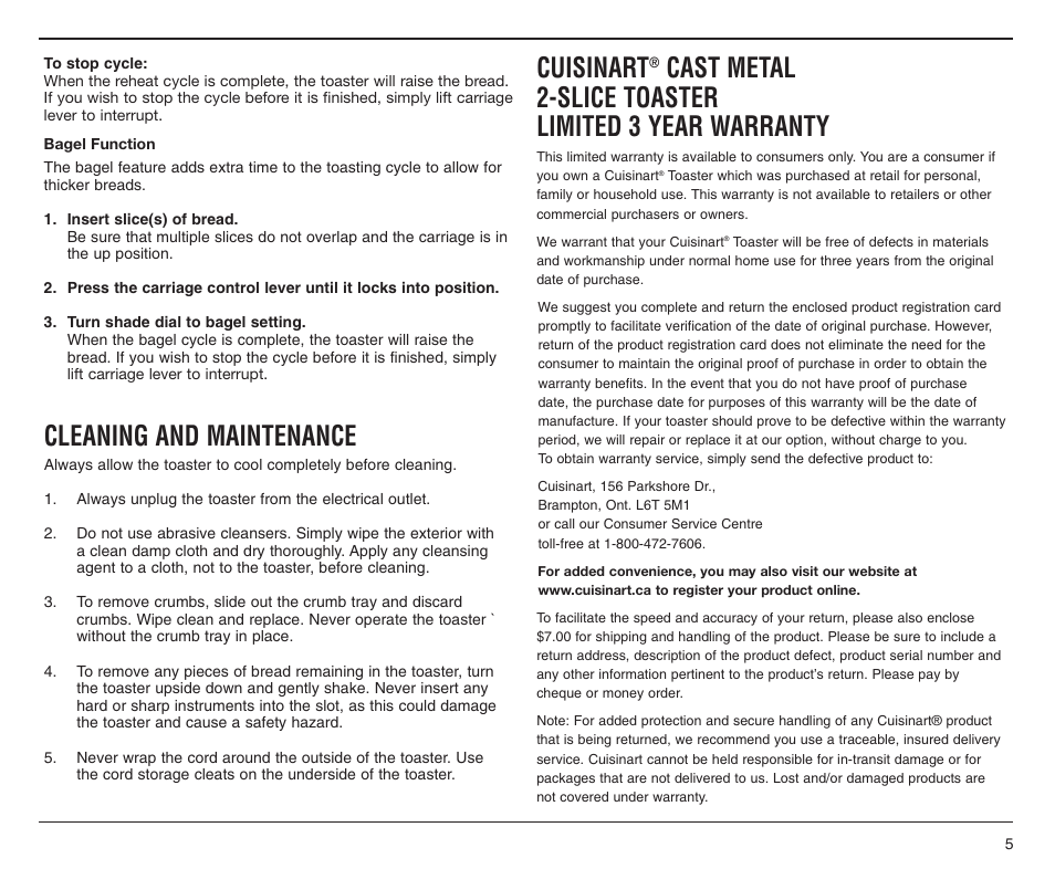 Cleaning and maintenance, Cuisinart, Cast metal 2-slice toaster limited 3 year warranty | Cuisinart CMT-200PC User Manual | Page 5 / 8