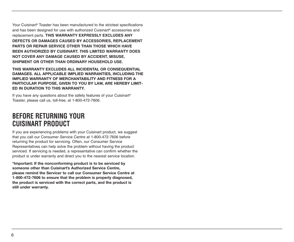 Before returning your cuisinart product | Cuisinart CMT-200PC User Manual | Page 6 / 8