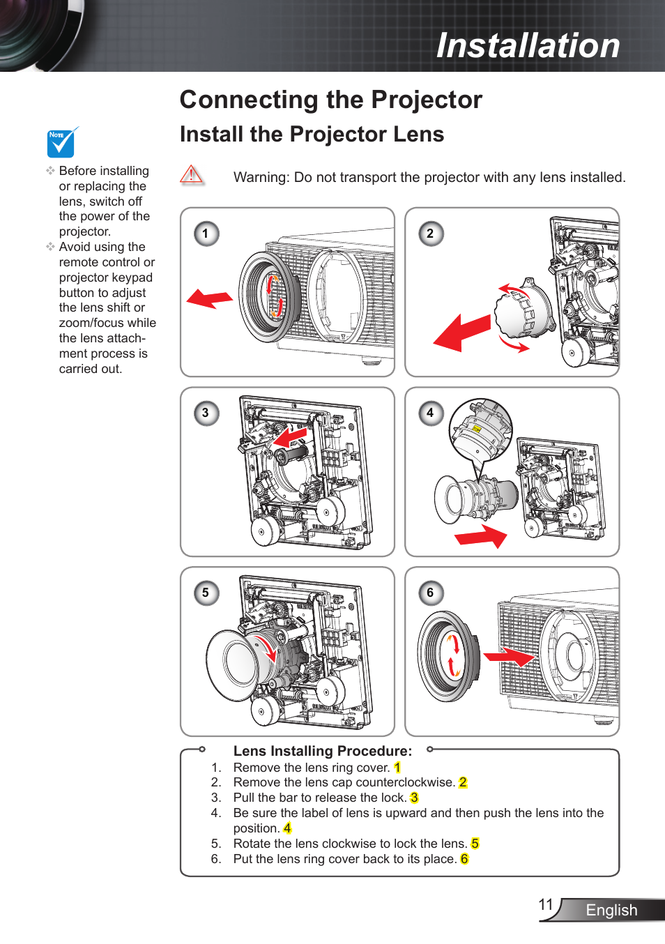 Installation, Connecting the projector, Install the projector lens | Optoma EX855 User Manual | Page 11 / 95