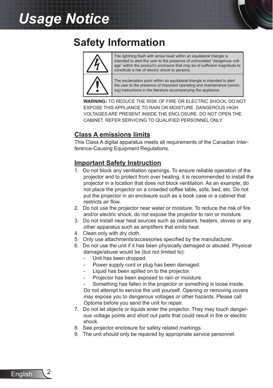 Usage notice, Safety information, English 2 | Class a emissions limits, Important safety instruction | Optoma EX855 User Manual | Page 2 / 95