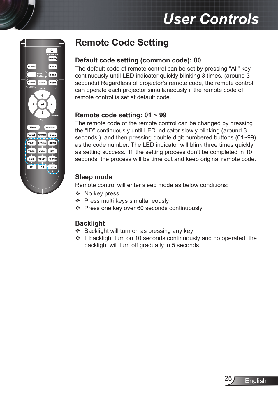 Remote code setting, User controls | Optoma EX855 User Manual | Page 25 / 95