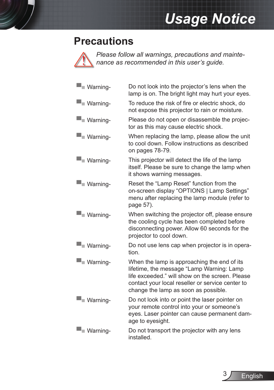 Precautions, Usage notice | Optoma EX855 User Manual | Page 3 / 95