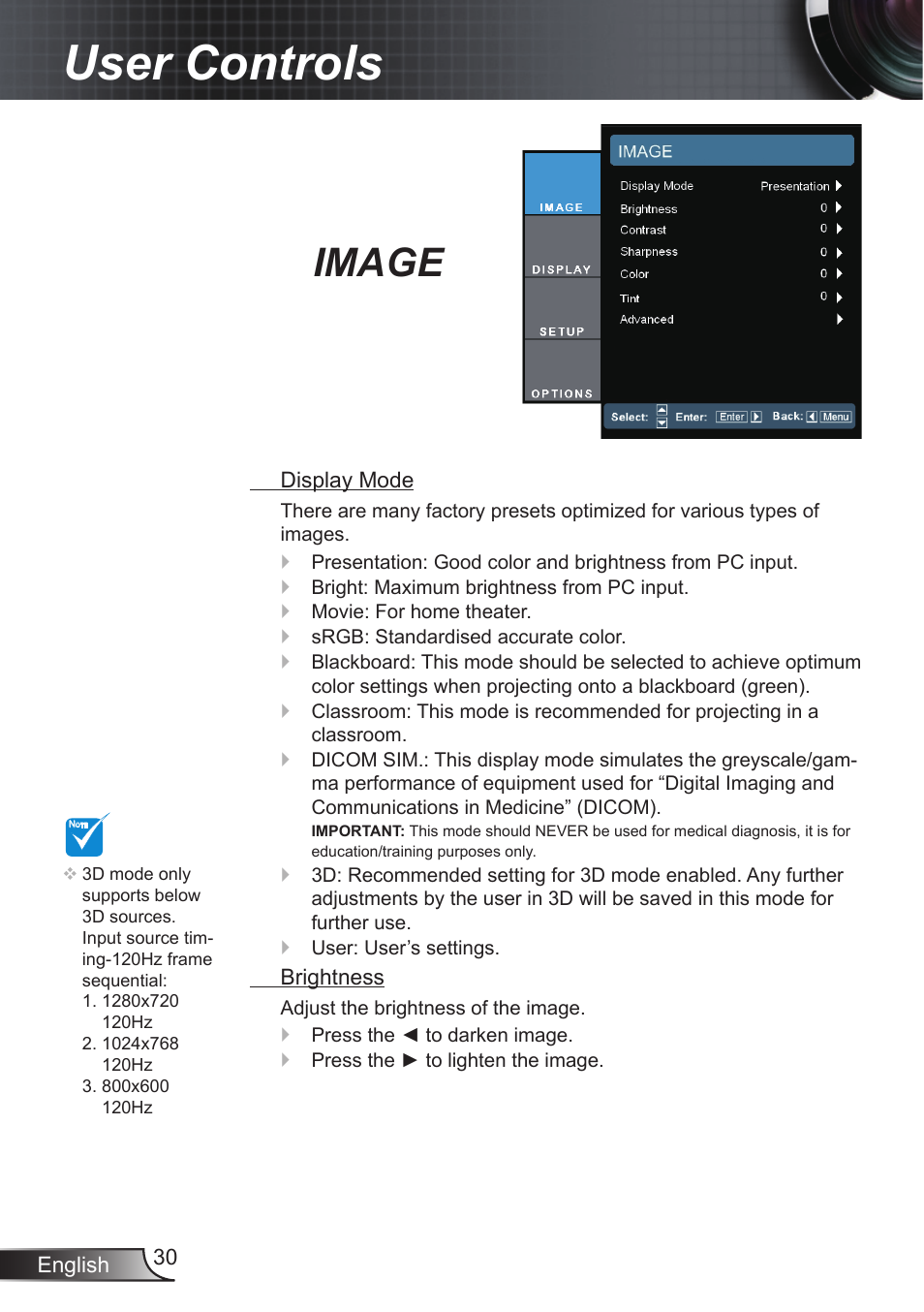 Image, User controls | Optoma EX855 User Manual | Page 30 / 95