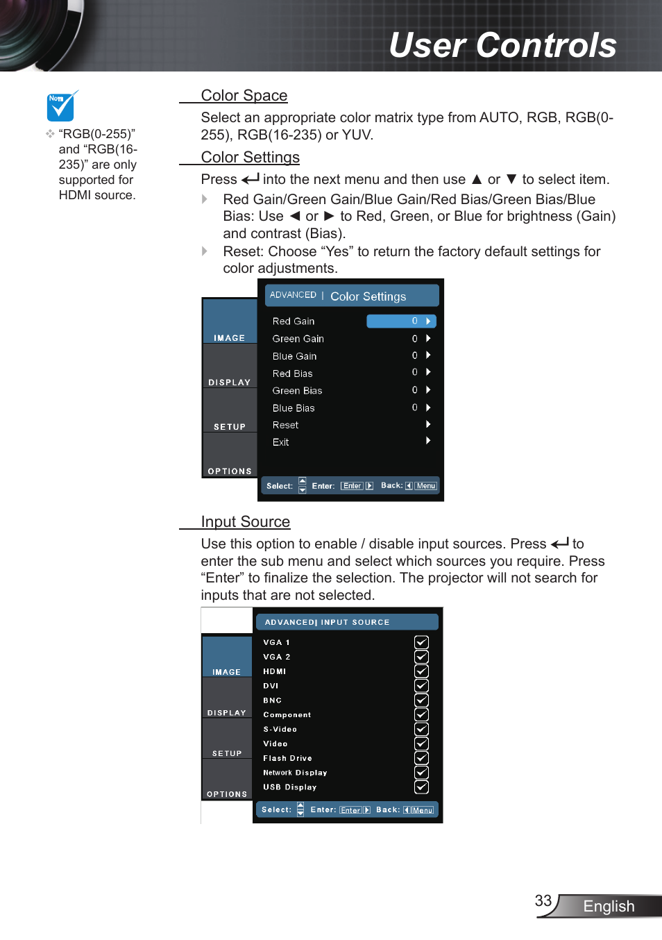 User controls | Optoma EX855 User Manual | Page 33 / 95