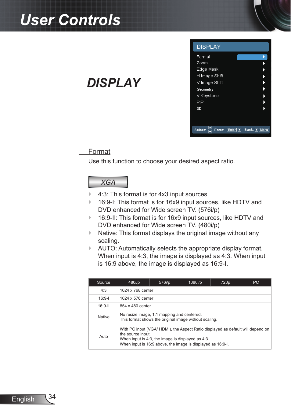 Display, User controls, English 34 | Format | Optoma EX855 User Manual | Page 34 / 95