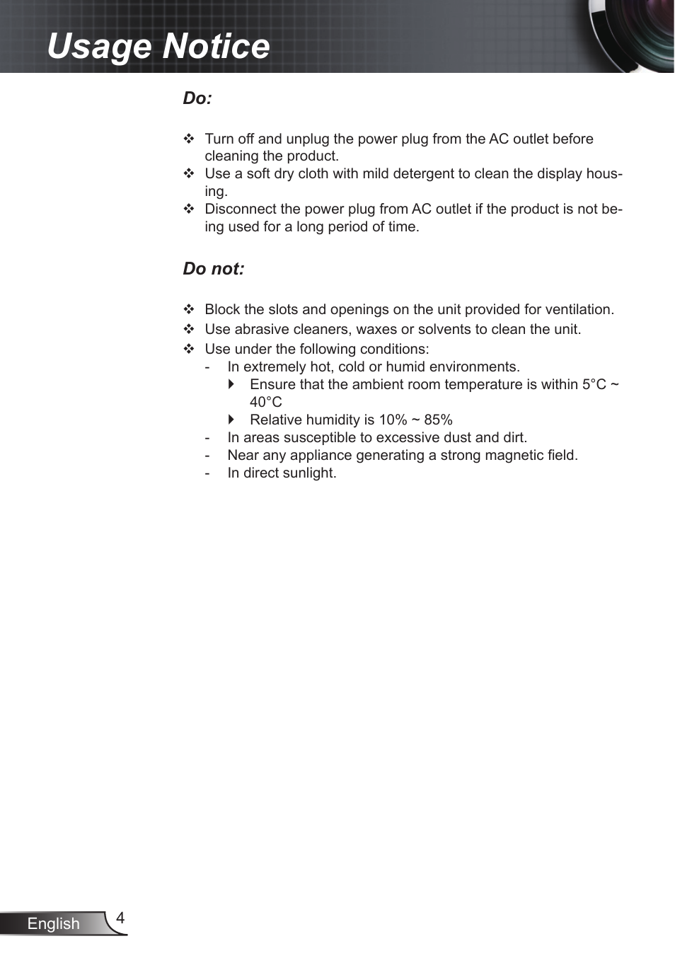 Usage notice | Optoma EX855 User Manual | Page 4 / 95