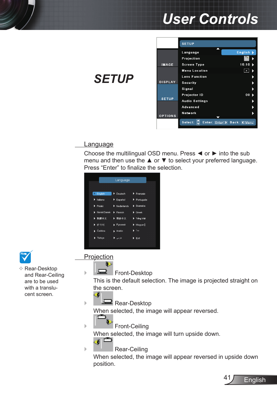 Setup, User controls | Optoma EX855 User Manual | Page 41 / 95