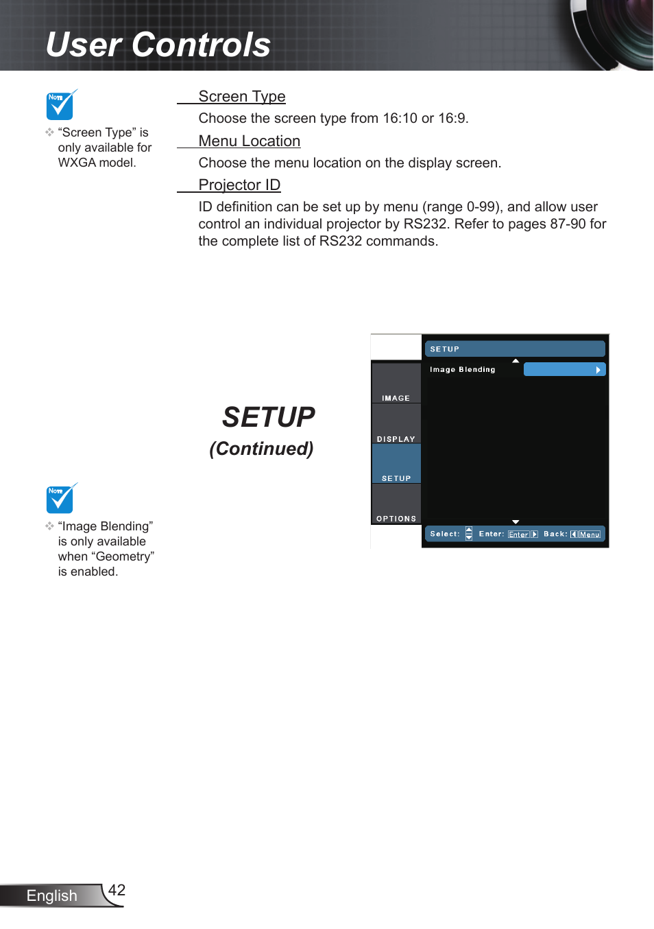 User controls, Setup, Continued) | Optoma EX855 User Manual | Page 42 / 95
