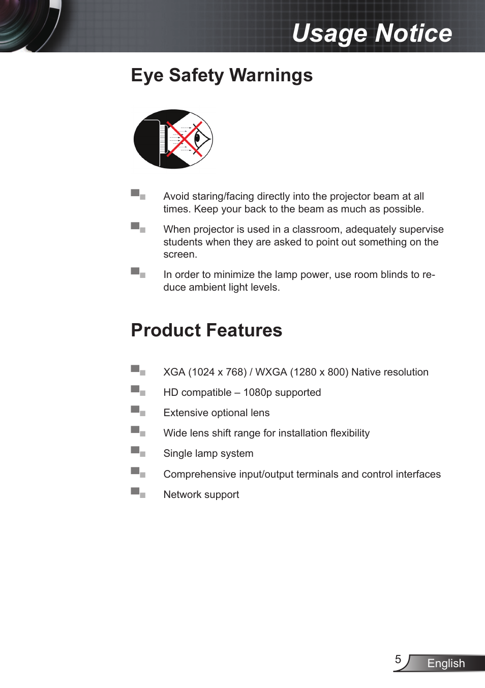 Eye safety warnings, Product features, Usage notice | Optoma EX855 User Manual | Page 5 / 95