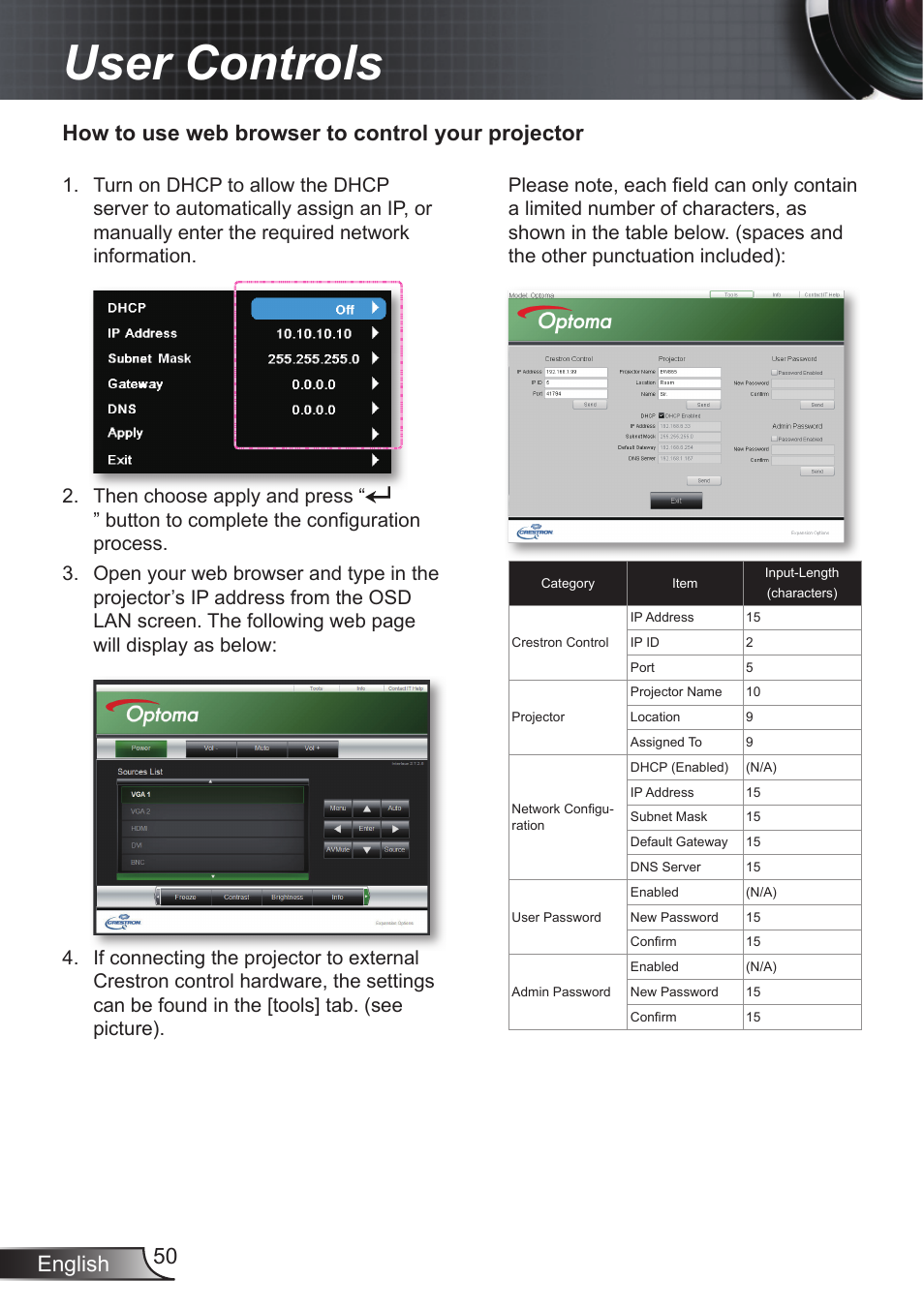 User controls, English 50, How to use web browser to control your projector | Optoma EX855 User Manual | Page 50 / 95