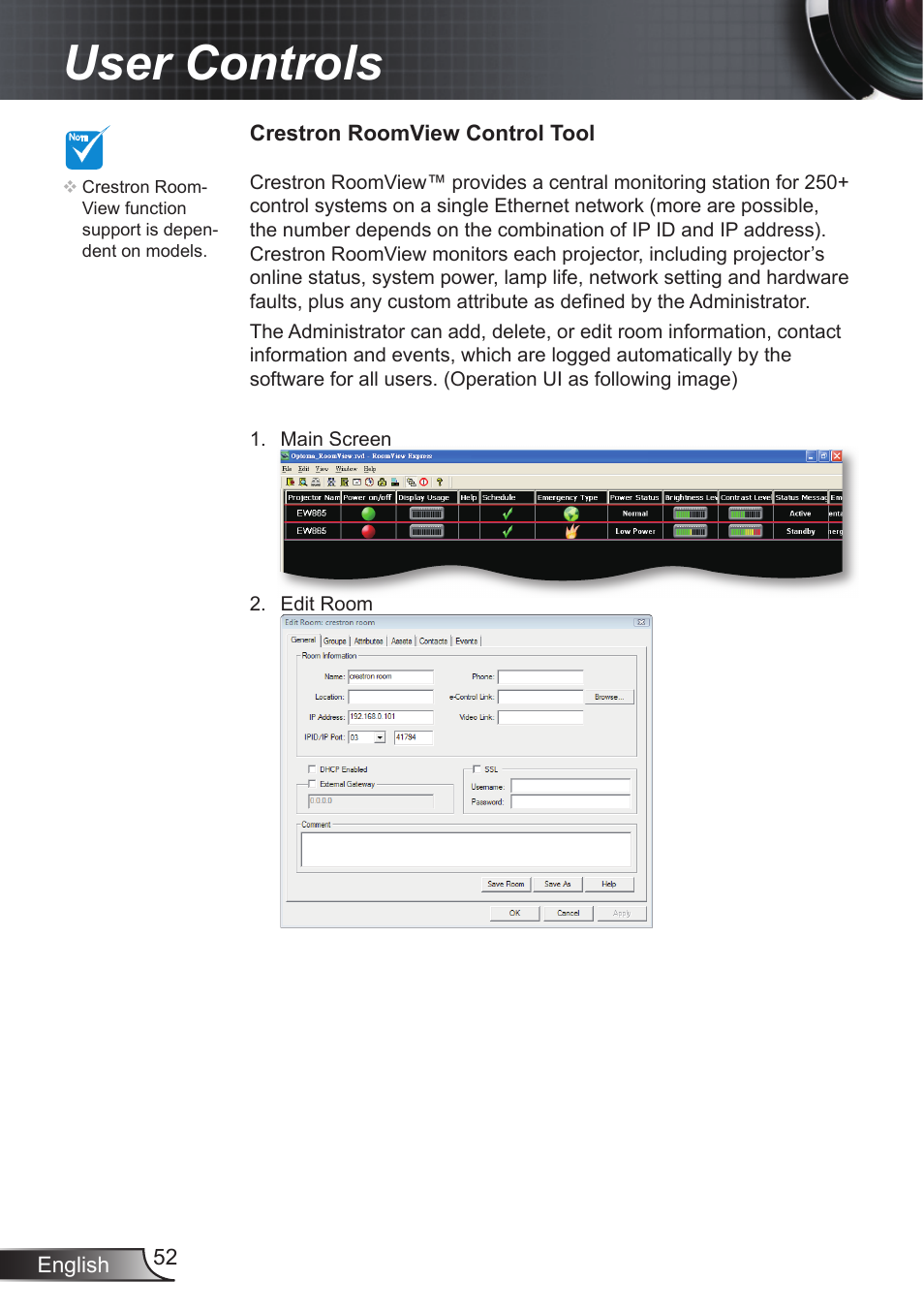 User controls | Optoma EX855 User Manual | Page 52 / 95