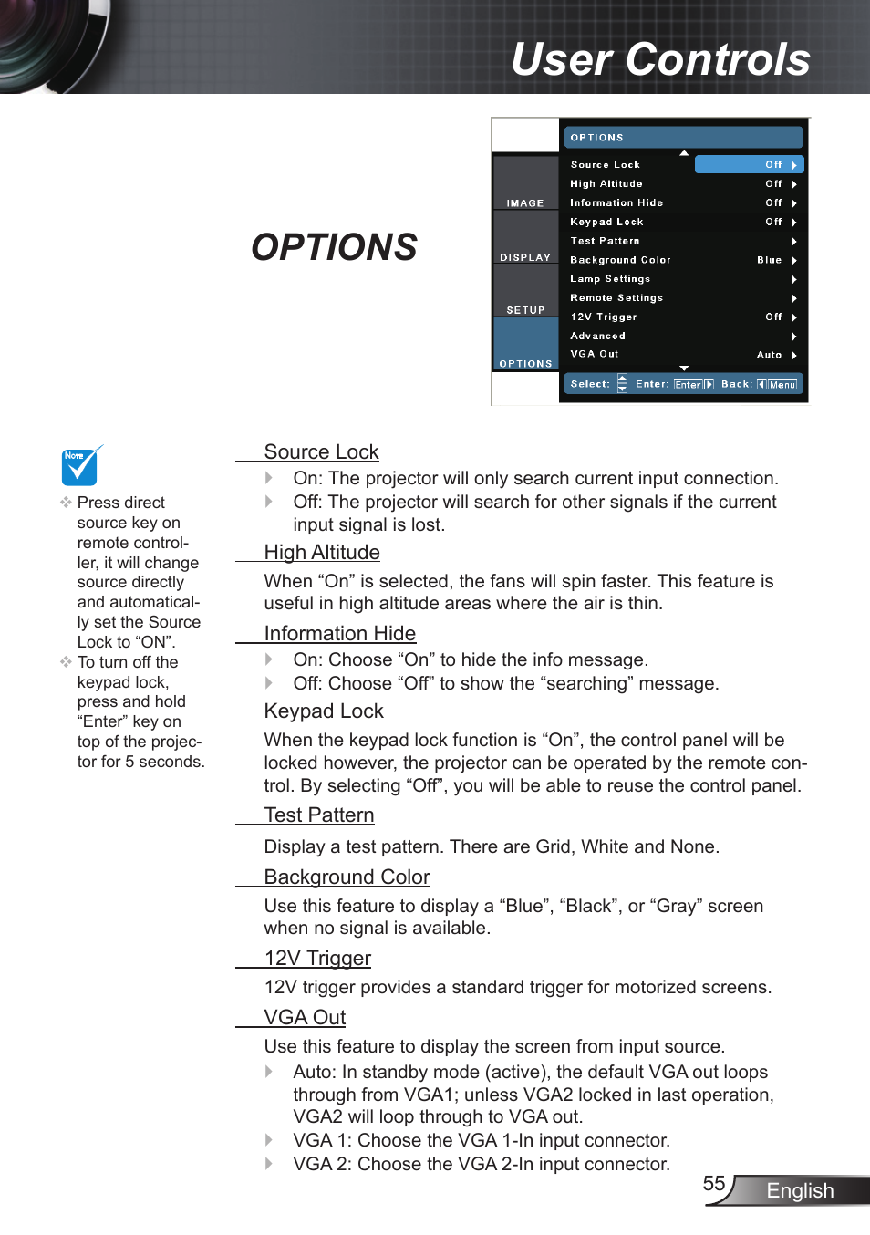 Options, User controls | Optoma EX855 User Manual | Page 55 / 95