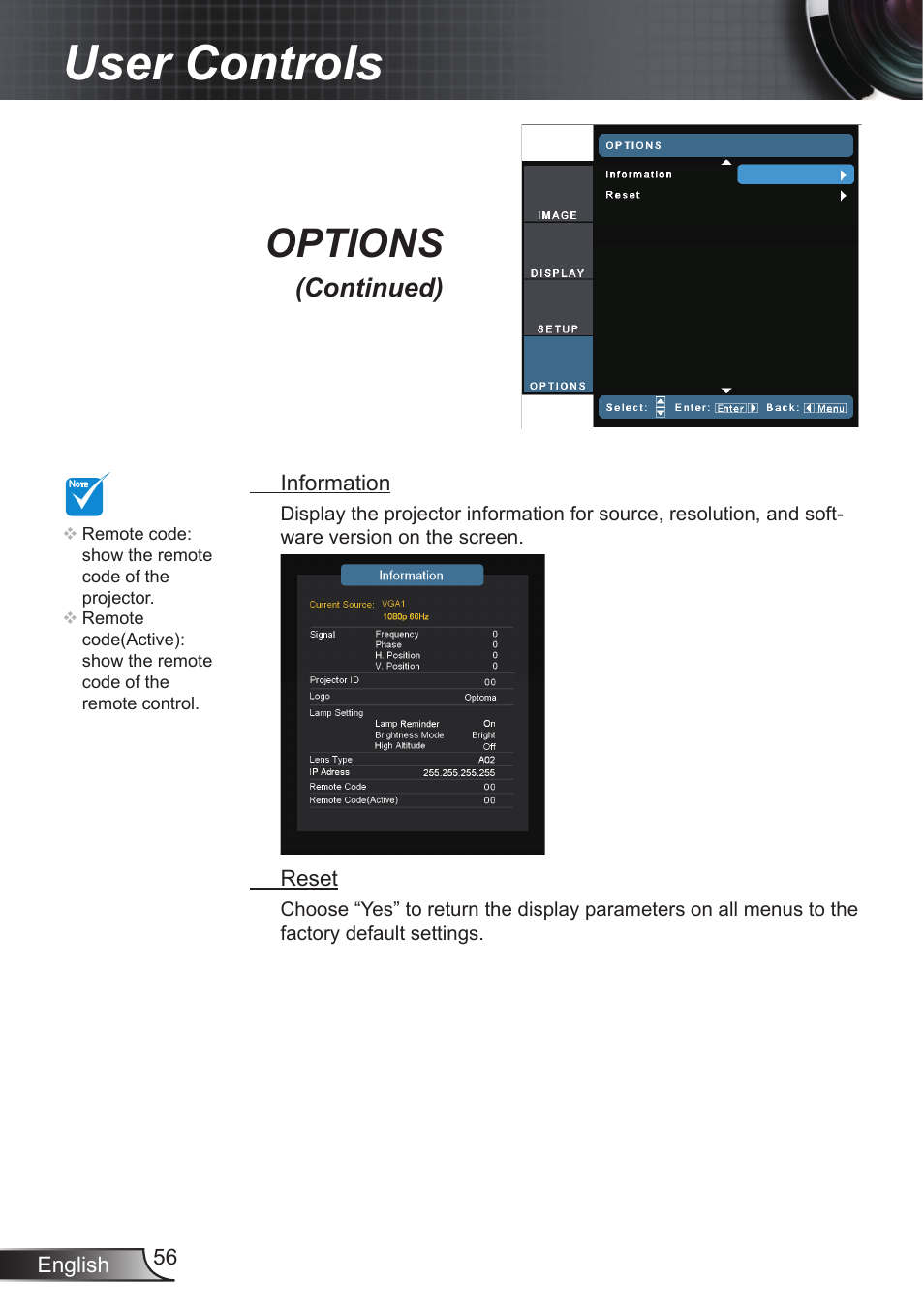 User controls, Options, Continued) | Optoma EX855 User Manual | Page 56 / 95