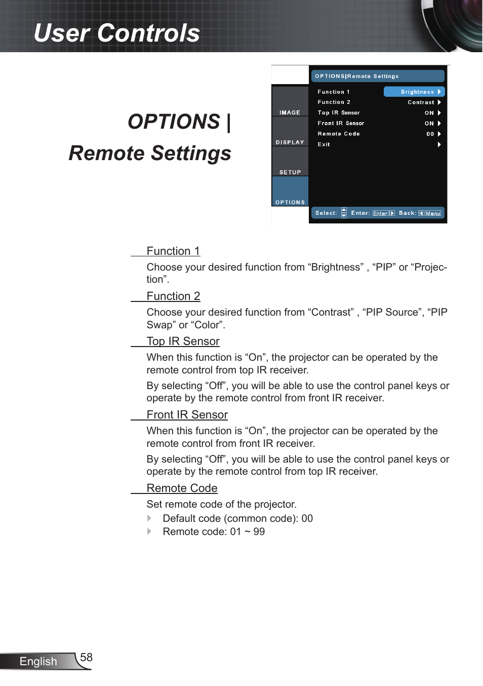 Options | remote settings, User controls | Optoma EX855 User Manual | Page 58 / 95