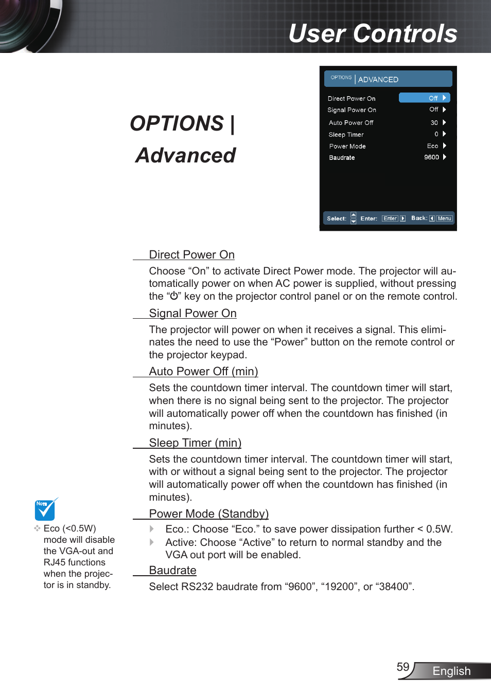 Options | advanced, User controls | Optoma EX855 User Manual | Page 59 / 95