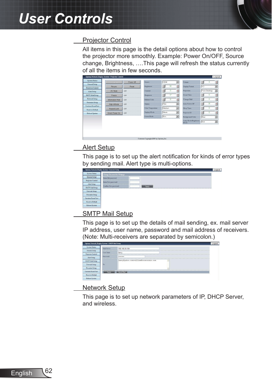 User controls | Optoma EX855 User Manual | Page 62 / 95