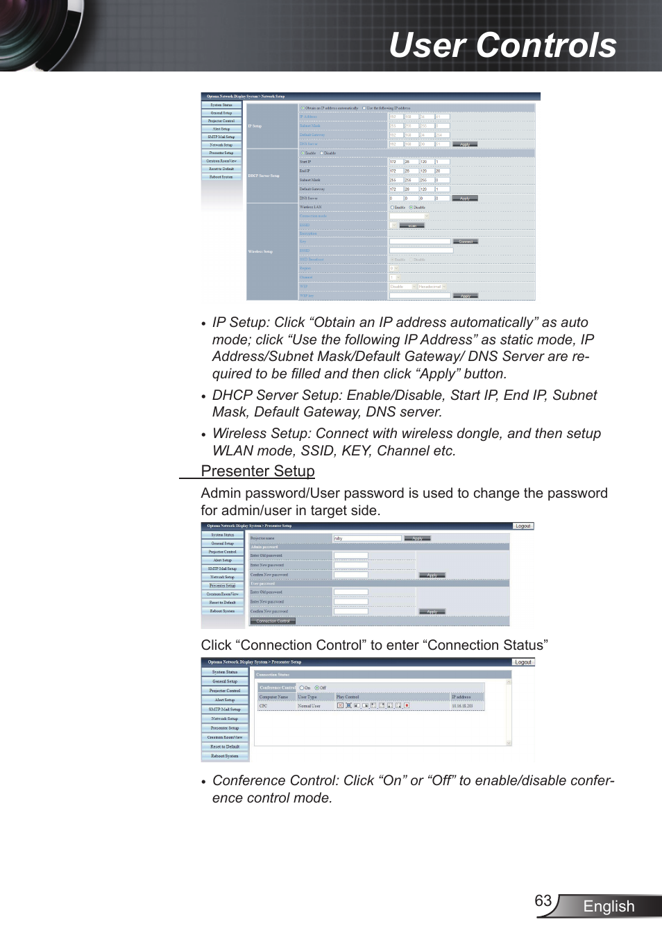 User controls | Optoma EX855 User Manual | Page 63 / 95