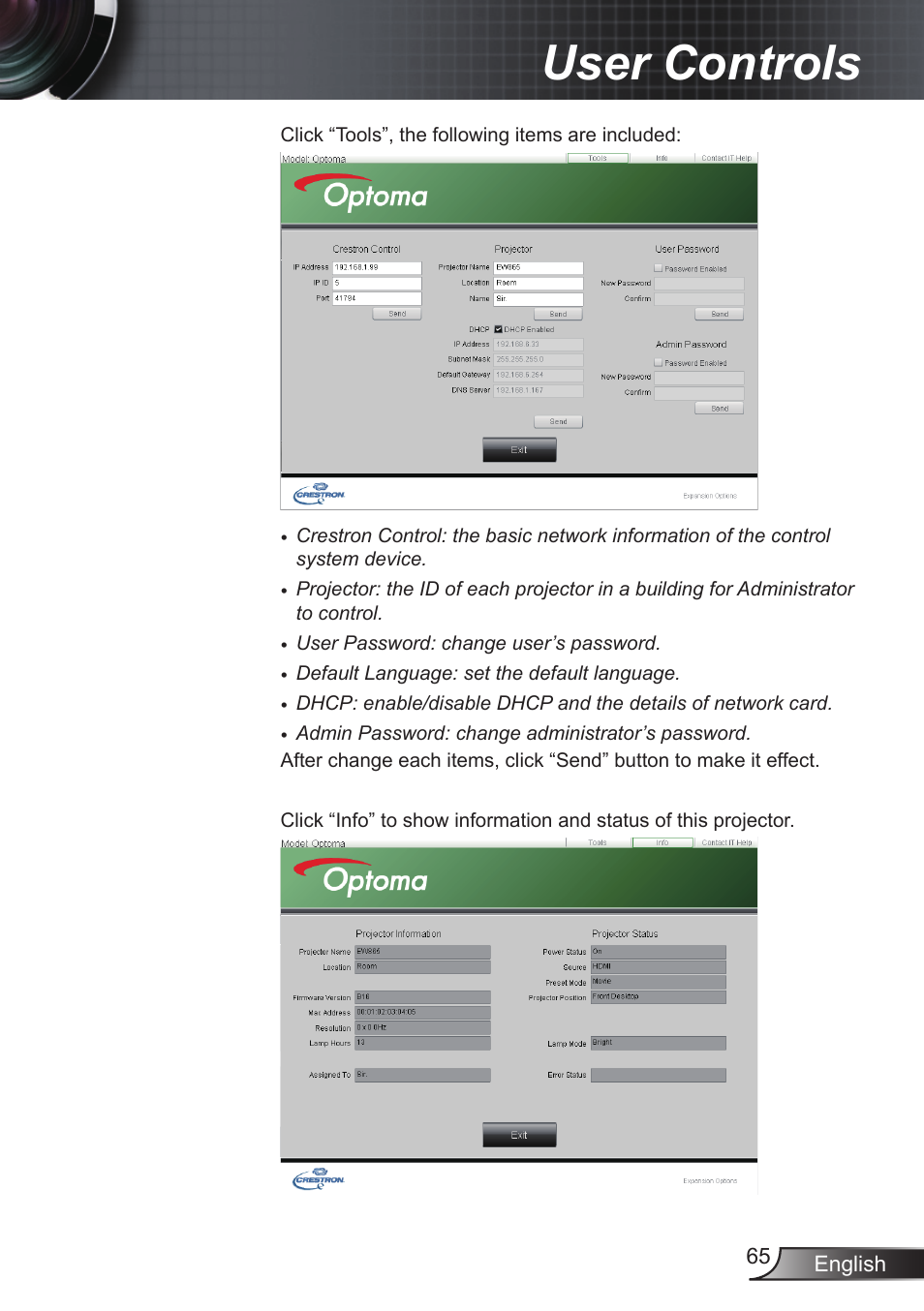 User controls | Optoma EX855 User Manual | Page 65 / 95