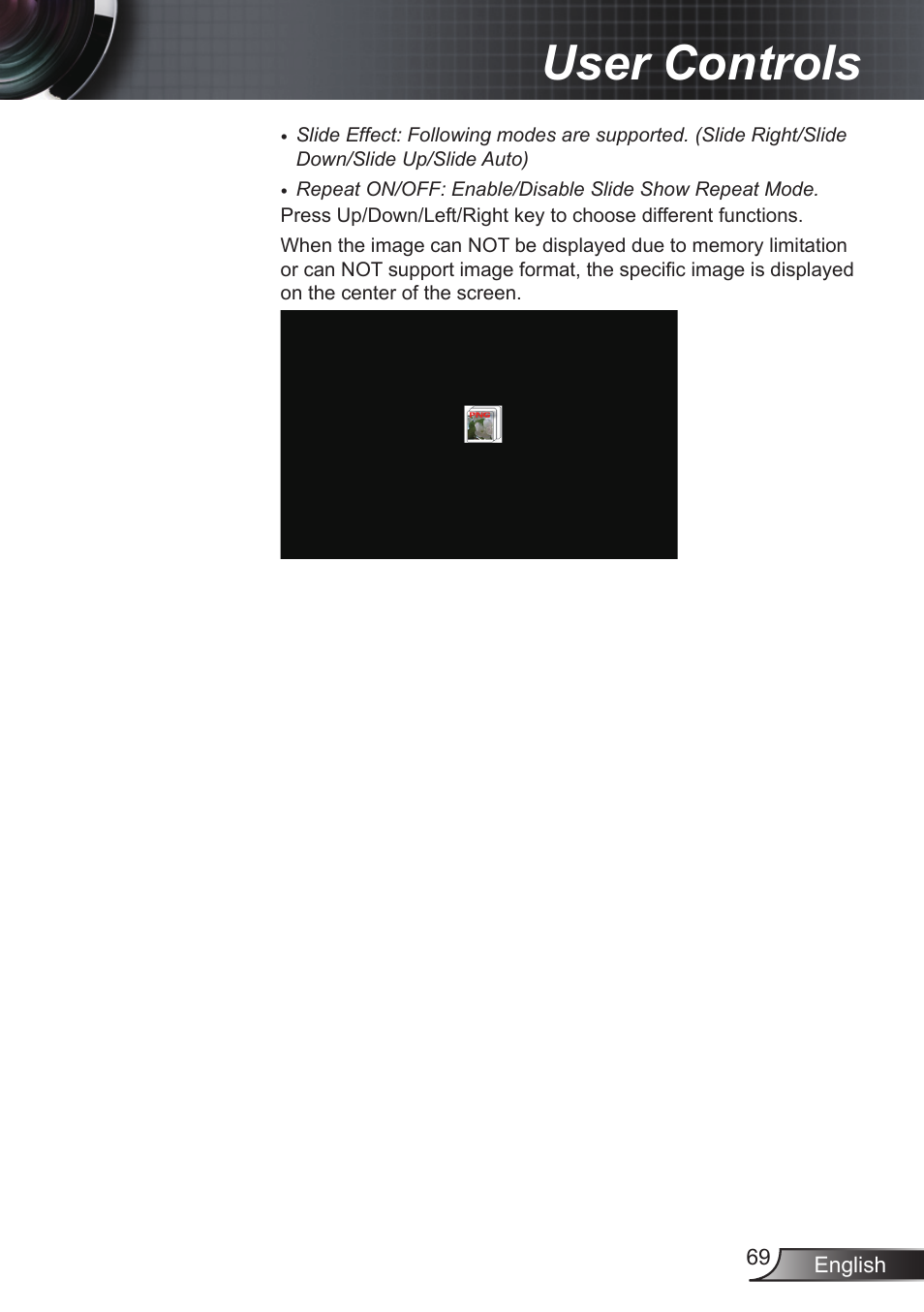 User controls | Optoma EX855 User Manual | Page 69 / 95