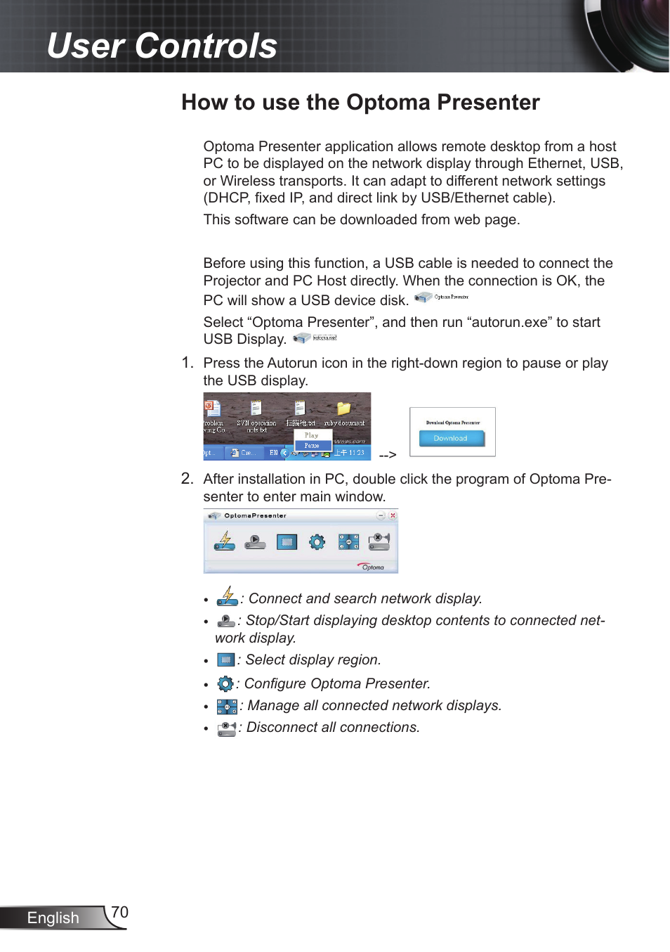 How to use the optoma presenter, User controls | Optoma EX855 User Manual | Page 70 / 95