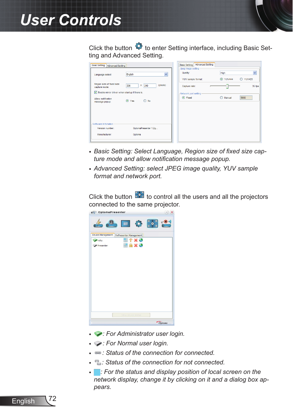 User controls | Optoma EX855 User Manual | Page 72 / 95