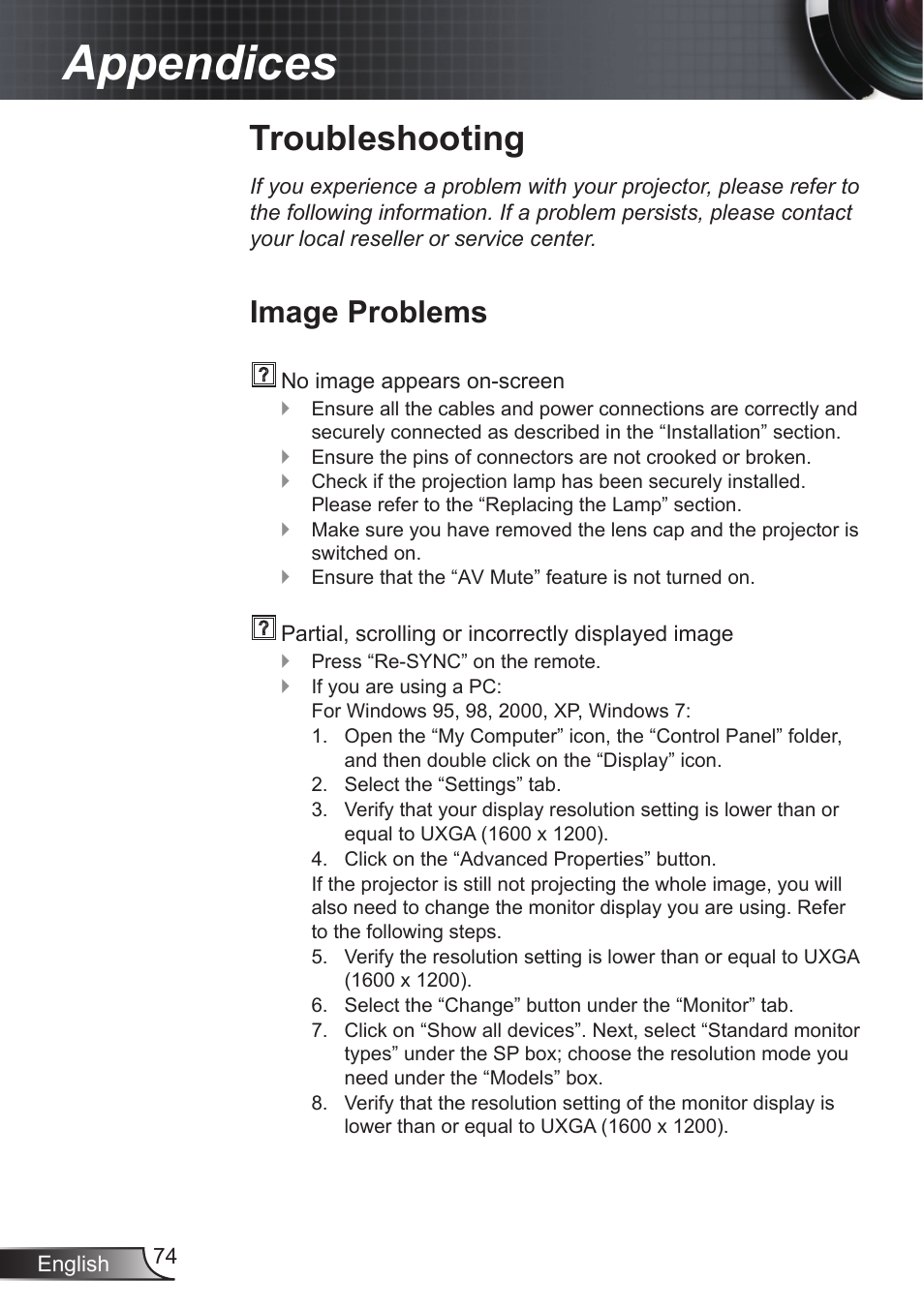 Appendices, Troubleshooting, Image problems | Optoma EX855 User Manual | Page 74 / 95
