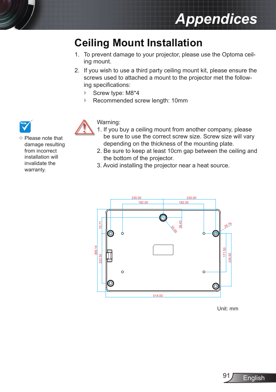 Ceiling mount installation, Appendices, English 9 | Optoma EX855 User Manual | Page 91 / 95
