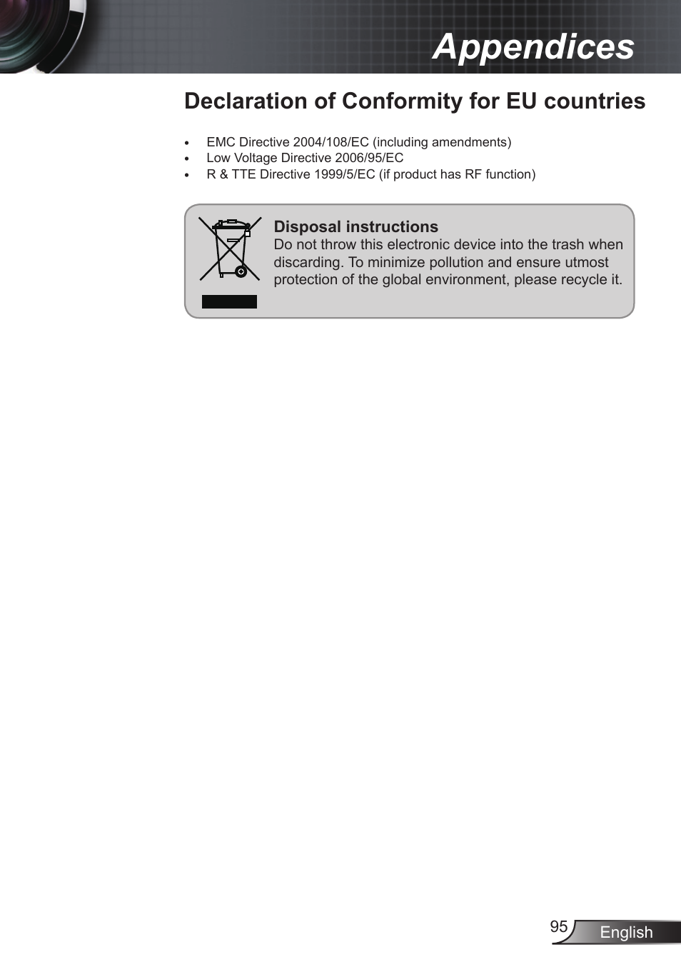 Declaration of conformity for eu countries, Appendices | Optoma EX855 User Manual | Page 95 / 95