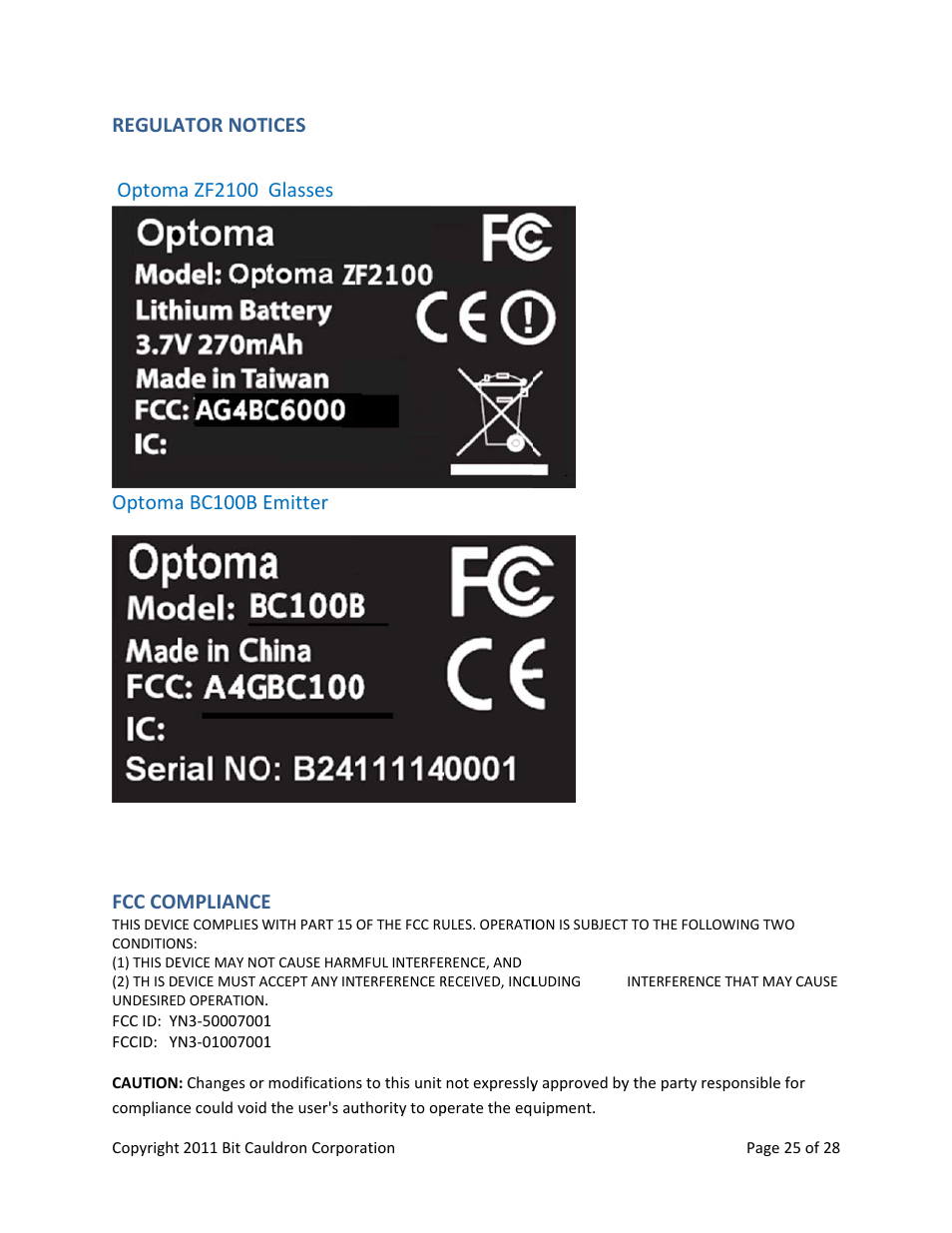 Regula optom optoma, Fcc com, Tices glasses emitter e | Optoma ZF2100 System User Manual | Page 25 / 28