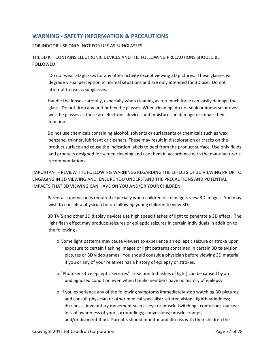 Warning ‐ safety information & precautions | Optoma ZF2100 System User Manual | Page 27 / 28