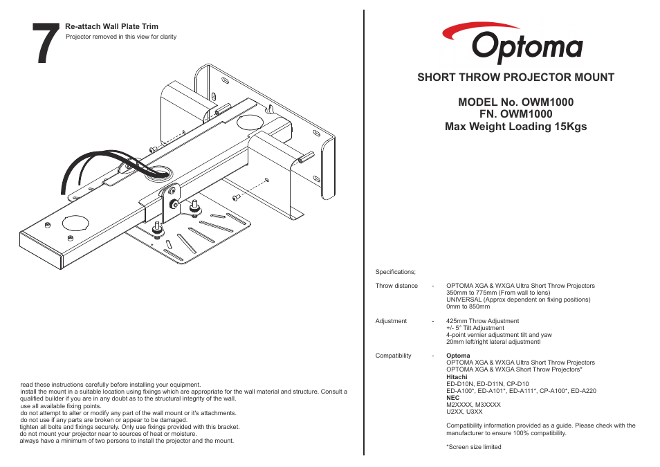 Optoma OWM1000 User Manual | Page 4 / 4