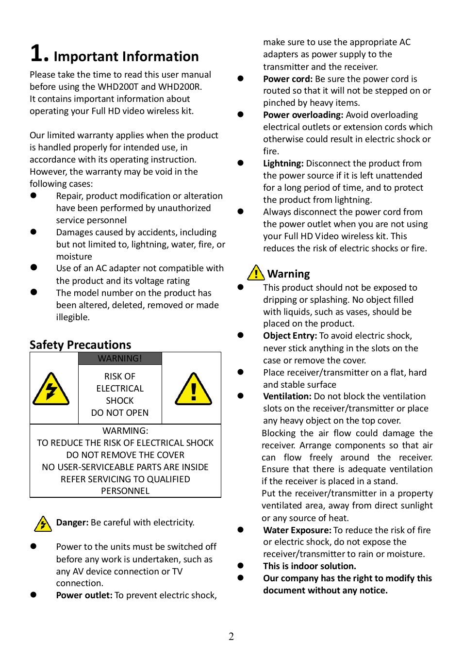 Important information, Safety precautions, Warning | Optoma WHD200 User Manual | Page 3 / 28