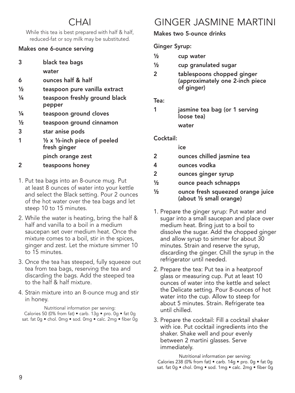 Chai, Ginger jasmine martini | Cuisinart PerfecTemp CPK-17 User Manual | Page 10 / 13