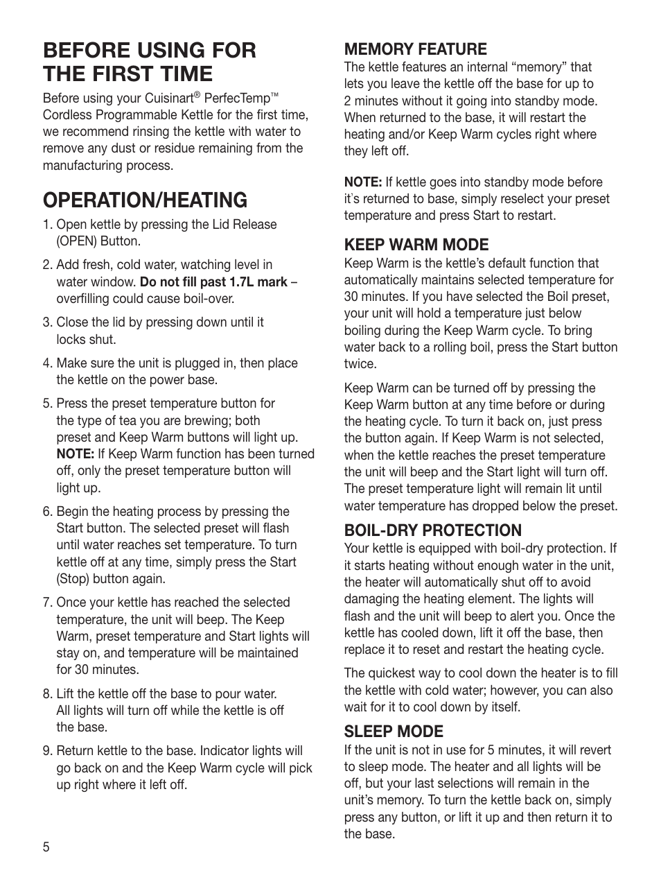Before using for the first time, Operation/heating, Keep warm mode | Boil-dry protection, Sleep mode | Cuisinart PerfecTemp CPK-17 User Manual | Page 6 / 13