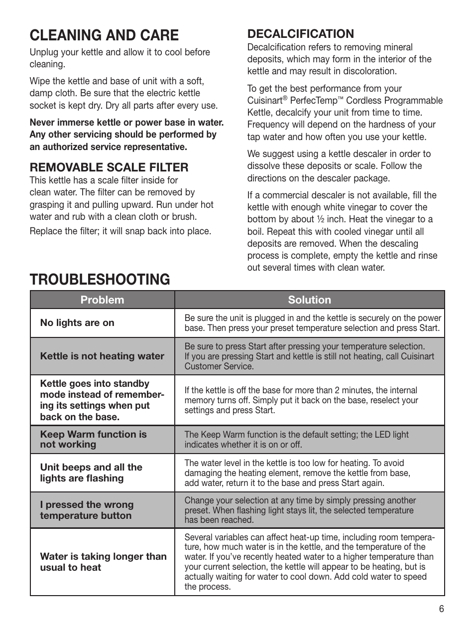 Cleaning and care, Troubleshooting, Removable scale filter | Decalcification | Cuisinart PerfecTemp CPK-17 User Manual | Page 7 / 13